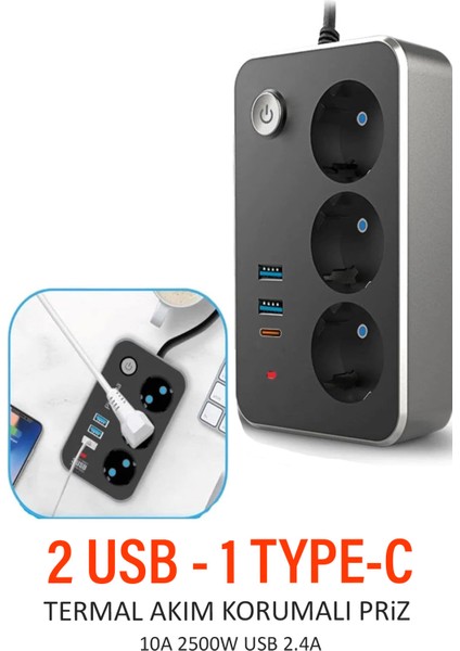 USB Type-C Priz Dönüştürücü Şarj Adaptörü Priz-2 Usb-1 Type-C 2 M Kablo Girişli Çoklu Fiş 2500W
