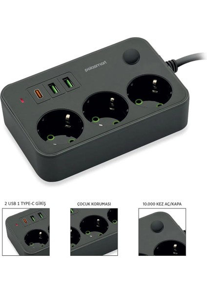 USB Type-C Priz Dönüştürücü Şarj Adaptörü Priz-2 Usb-1 Type-C 2 M Kablo Girişli Çoklu Fiş 2500W fiyatları