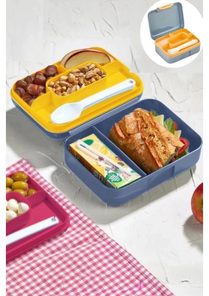 Meyve Suyu Bölmeli - Tabaklı Beslenme Kabı Diyet Kabı -Çatal Bıçak Kaşık Dahildir
