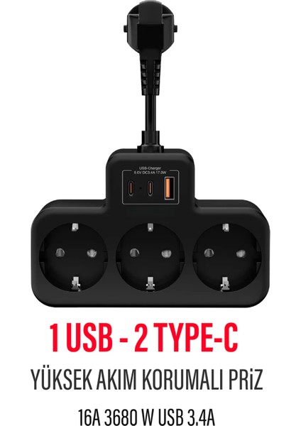 Çoklu Kablolu Priz -Priz Çoğaltıcı-Priz Dönüştürücü 1usb - 2type-C Girişli Yüksek Akım Korumalı Fiş