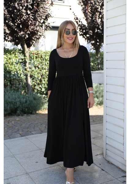 Buketli Kadın Ön & Arka Açık Yakalı Roba Altı Pileli Yırtmaçlı Uzun Kol Penye Uzun Elbise fiyatları