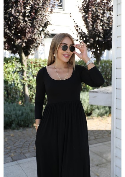 Buketli Kadın Ön & Arka Açık Yakalı Roba Altı Pileli Yırtmaçlı Uzun Kol Penye Uzun Elbise modelleri