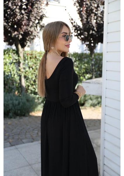 Buketli Kadın Ön & Arka Açık Yakalı Roba Altı Pileli Yırtmaçlı Uzun Kol Penye Uzun Elbise fırsatları