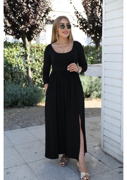 Buketli Kadın Ön & Arka Açık Yakalı Roba Altı Pileli Yırtmaçlı Uzun Kol Penye Uzun Elbise indirimleri