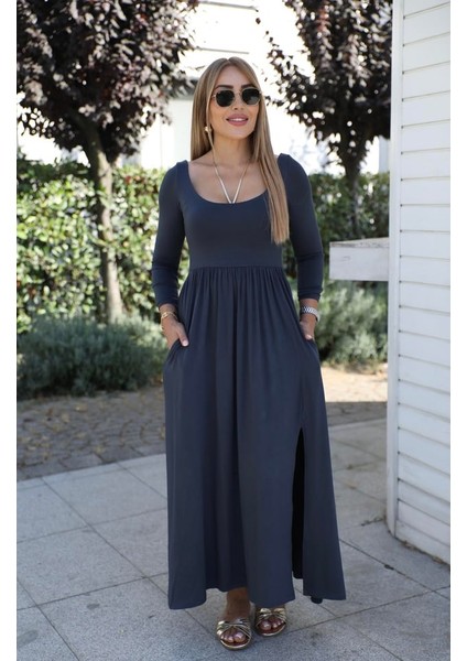 Buketli Kadın Ön & Arka Açık Yakalı Roba Altı Pileli Yırtmaçlı Uzun Kol Penye Uzun Elbise