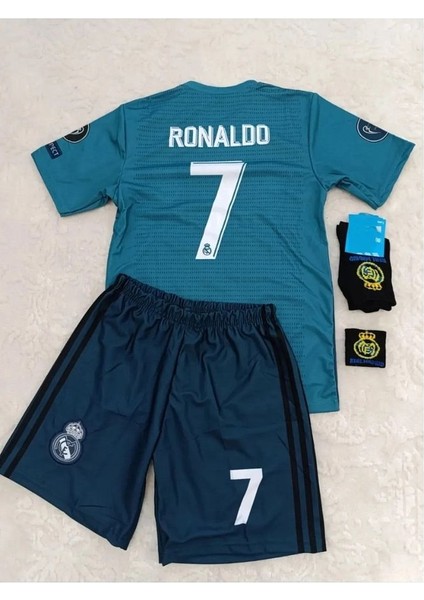 Real.madrid. Ronaldo Deplasman Turkuaz 2018 Şampiyonlar Ligi Çocuk Forması 4lü Set