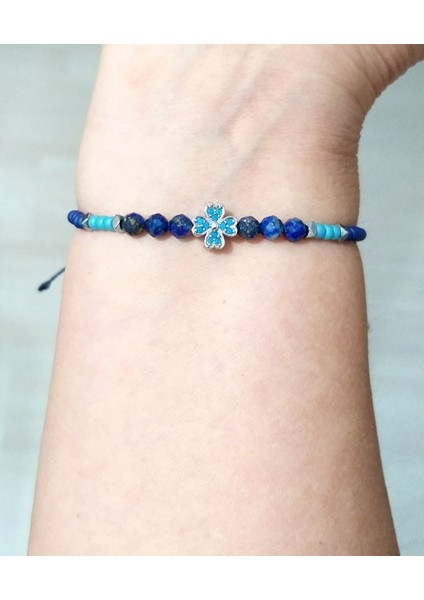 Lapis Lazuli ve Hematit Doğaltaşlı Zirkon Taşlı Yonca Miyuki Round Boncuklu Bileklik