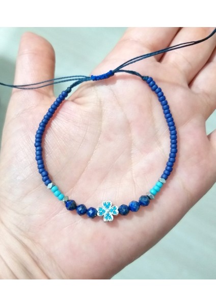 Lapis Lazuli ve Hematit Doğaltaşlı Zirkon Taşlı Yonca Miyuki Round Boncuklu Bileklik