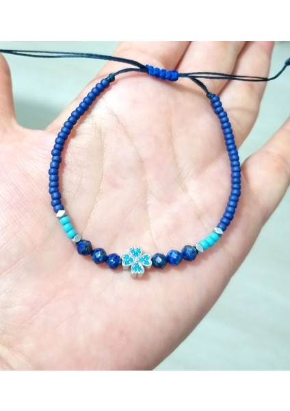 Lapis Lazuli ve Hematit Doğaltaşlı Zirkon Taşlı Yonca Miyuki Round Boncuklu Bileklik