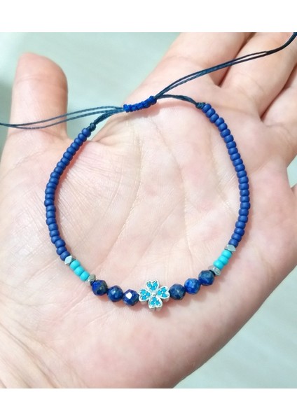 Lapis Lazuli ve Hematit Doğaltaşlı Zirkon Taşlı Yonca Miyuki Round Boncuklu Bileklik