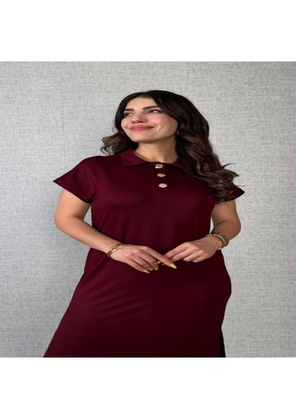 Kadın Kısa Kollu Yakalı Yandan Yırtmaçlı Viskon Iki Iplik Elbise fiyatları