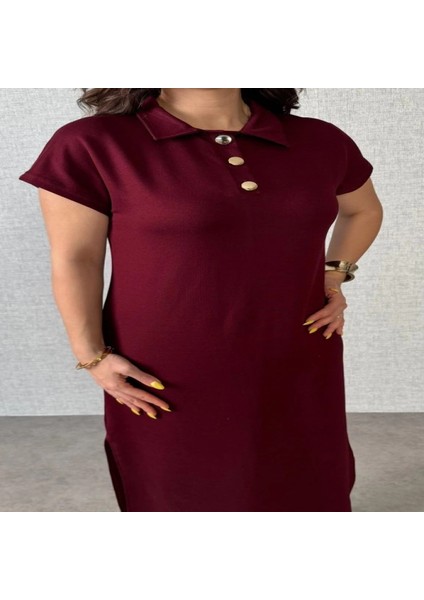 Kadın Kısa Kollu Yakalı Yandan Yırtmaçlı Viskon Iki Iplik Elbise modelleri