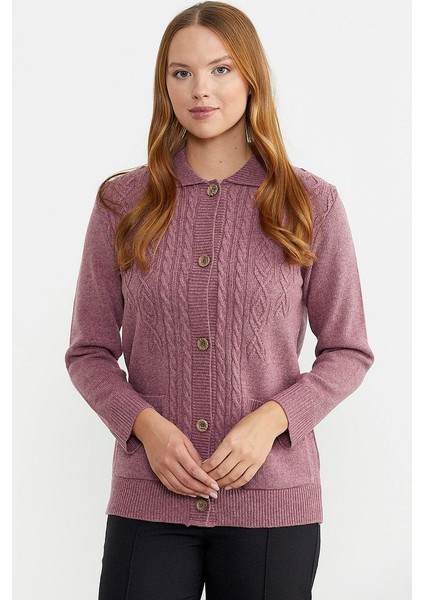 Cep Detaylı Düğmeli Yünlü Triko Hırka - Gül