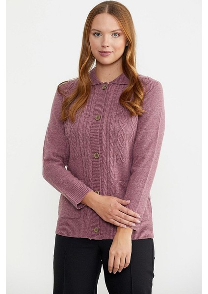 Cep Detaylı Düğmeli Yünlü Triko Hırka - Gül fiyatları