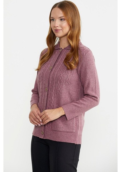 Cep Detaylı Düğmeli Yünlü Triko Hırka - Gül modelleri