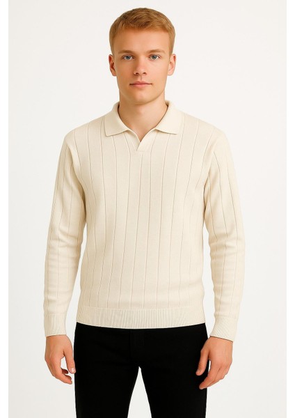 Erkek Slim Fit Polo Yaka Fitilli Triko Kazak -26107