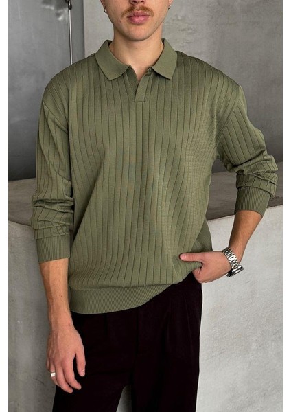 Erkek Slim Fit Polo Yaka Fitilli Triko Kazak -26107