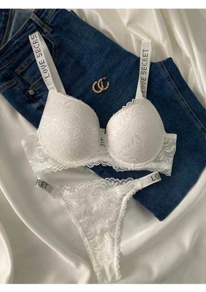 Kadın Beyaz Dantelli Taşlı Balenli Destekli Dolgulu Push Up Sütyen Takımı Iç Çamaşırı Takımı