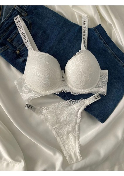 Kadın Beyaz Dantelli Taşlı Balenli Destekli Dolgulu Push Up Sütyen Takımı Iç Çamaşırı Takımı fiyatları