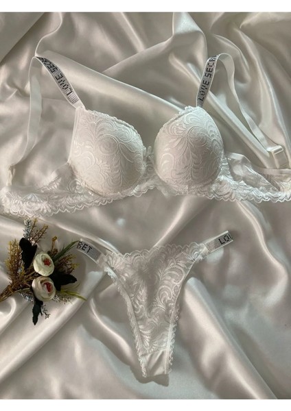 Kadın Beyaz Dantelli Taşlı Balenli Destekli Dolgulu Push Up Sütyen Takımı Iç Çamaşırı Takımı modelleri