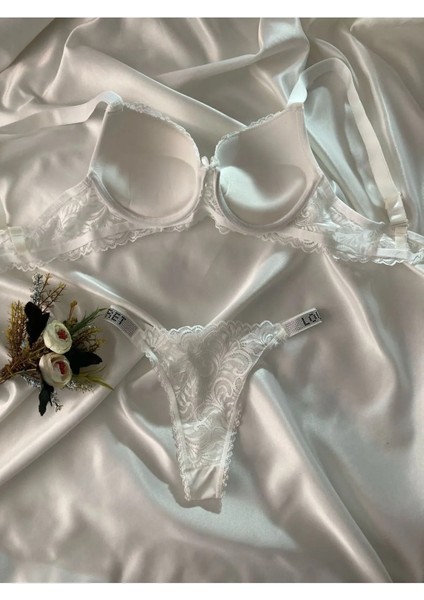 Kadın Beyaz Dantelli Taşlı Balenli Destekli Dolgulu Push Up Sütyen Takımı Iç Çamaşırı Takımı fırsatları