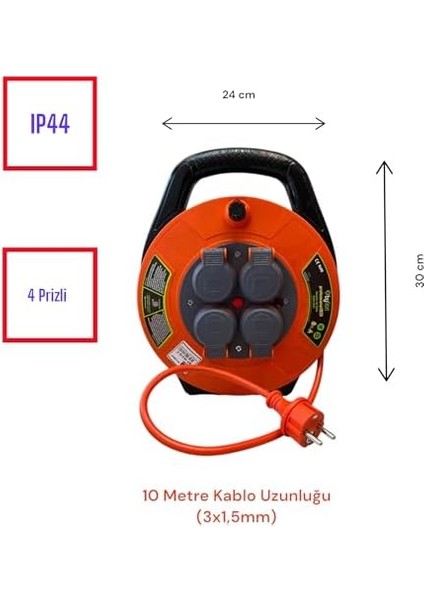 Kablo Makarası - 10 Metre, 4 Prizli, IP44 Kapaklı, 230V 16A, 1000W - Taşınabilir Çanta Tipi Uzatma Kablosu (3x1.5mm² Cca) 10315-F Bylion fiyatları