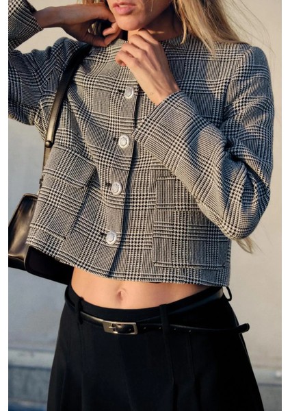 Allbucks Zara, Kaz Ayağı Desenlı Kısa Blazer Ceket ABZRA1020