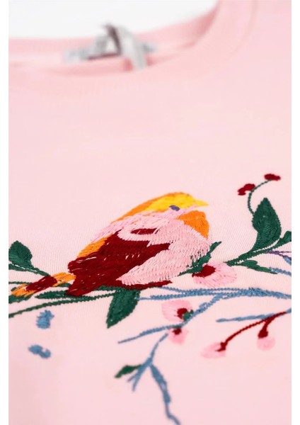 Kız Çocuk Pembe Uzun Kollu Kuş Nakış Detaylı Kışlık Sweatshirt modelleri