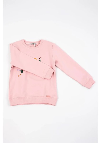 Kız Çocuk Pembe Uzun Kollu Kuş Nakış Detaylı Kışlık Sweatshirt fırsatları