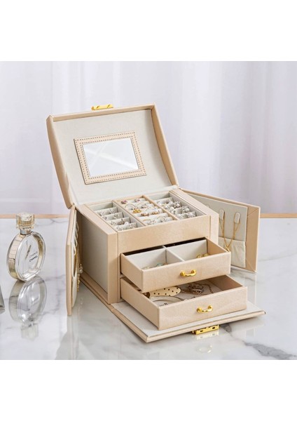 Takı Kutusu Aynalı 2 Çekmeceli Makyaj Masası Üstü Kilitli - Altın Takı ve Mücevher Düzenleyici Mdl-14