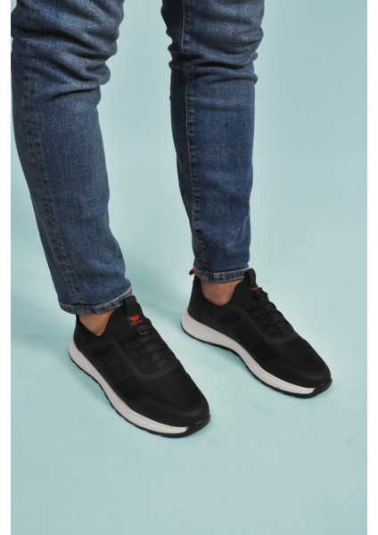 Siyah Kırmızı Hafif Esnek Kilit Bağcıklı Erkek Spor Ayakkabı Nans 6006 M