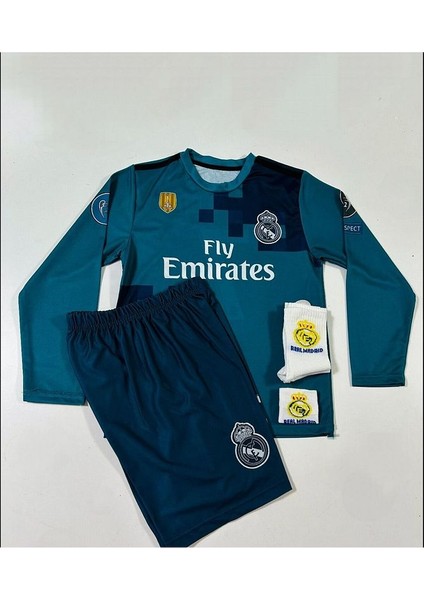 R.e.a.l M.a.d.r.i.d 2018 Cristiano Ronaldo Turkuaz Röveşata Uzun Kol Çocuk Forması 4'lü Set (Armalı) fırsatları