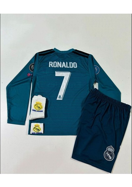 R.e.a.l M.a.d.r.i.d 2018 Cristiano Ronaldo Turkuaz Röveşata Uzun Kol Çocuk Forması 4'lü Set (Armalı) modelleri