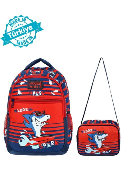 Lisanslı Lacivert-Kırmızı Köpekbalığı Desenli Erkek Çocuk Ilkokul Sırt Çantası ve Beslenme