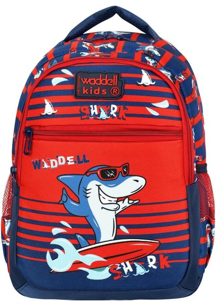 Lisanslı Lacivert-Kırmızı Köpekbalığı Desenli Erkek Çocuk Ilkokul Sırt Çantası ve Beslenme modelleri
