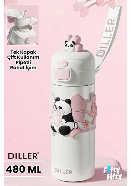 Dıller 480 ml Tek Kapak Çift Kullanım Pipetli/pipetsiz Taşıma El Askılı Vacum Cup/çelik Termos -FFD9317-480