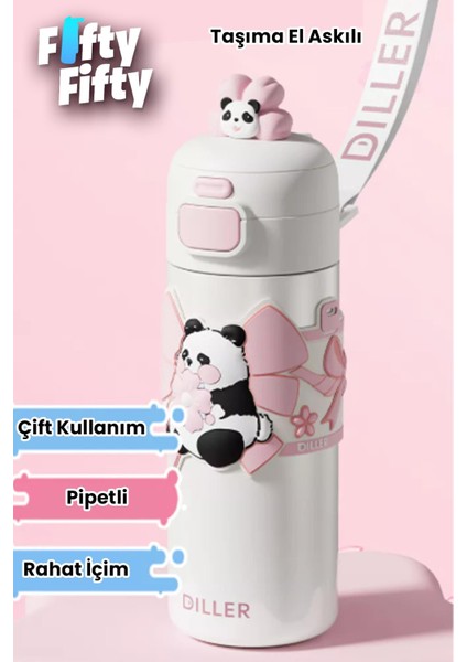 Dıller 480 ml Tek Kapak Çift Kullanım Pipetli/pipetsiz Taşıma El Askılı Vacum Cup/çelik Termos -FFD9317-480 modelleri