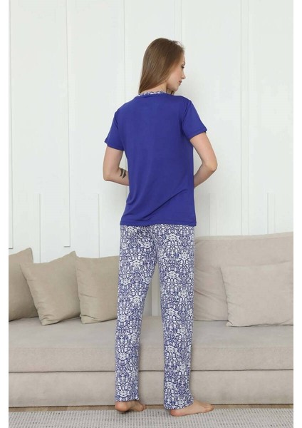 Kadın Saks Mavi 3 Düğmeli Etnik Desen Likralı Viskon Kısa Kol Pijama Takımı fırsatları