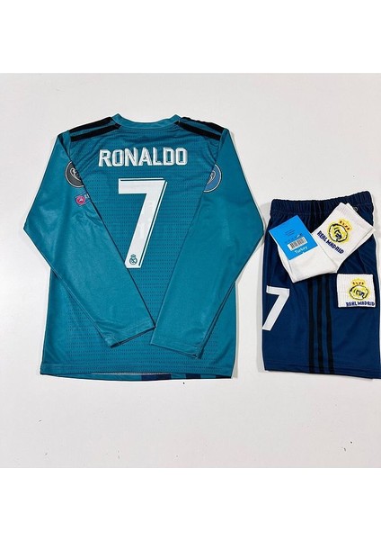 Cristiano Ronaldo Turkuaz Röveşata Uzun Kol Çocuk Forması 4'lü Armalı Set modelleri