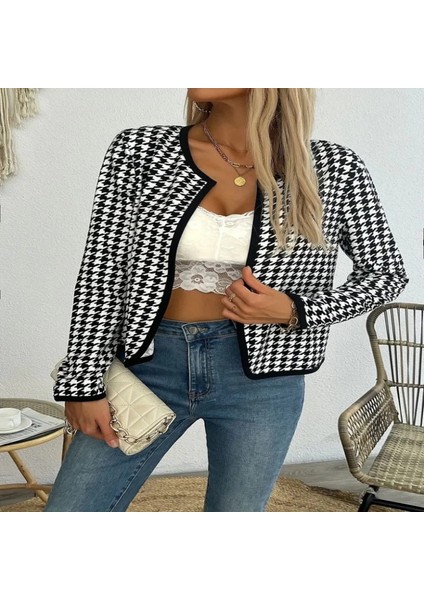 Kadın Uzun Kollu Kaz Ayağı Desenli Şardonlu Dalgıç Ceket