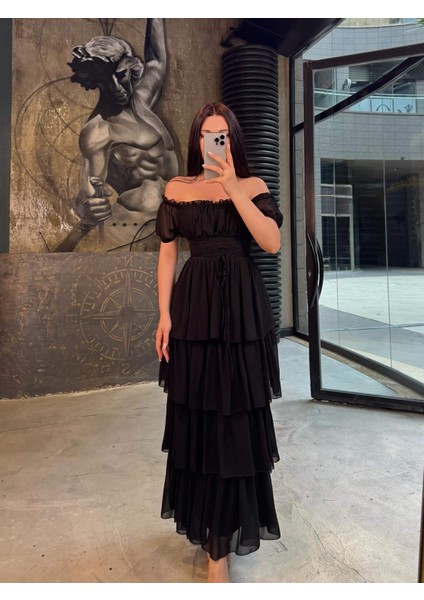 Milanka Eteği Katlı Önü Korse Görünümlü Balon Düşük Kol Uzun Şifon Astarlı Elbise Siyah fiyatları