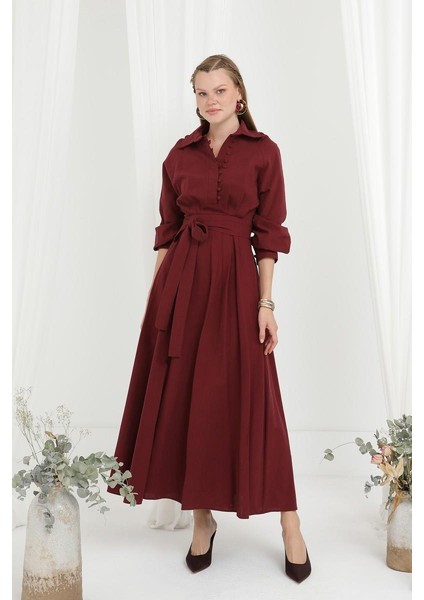 Kadın Kuşaklı Düğme Detaylı Hakim Yaka Elbise 20688ELB