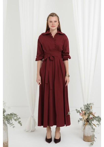Kadın Kuşaklı Düğme Detaylı Hakim Yaka Elbise 20688ELB fiyatları