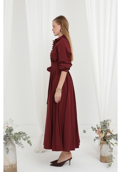 Kadın Kuşaklı Düğme Detaylı Hakim Yaka Elbise 20688ELB modelleri