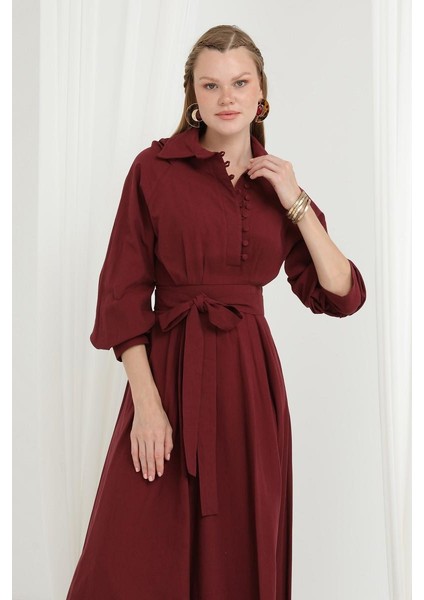 Kadın Kuşaklı Düğme Detaylı Hakim Yaka Elbise 20688ELB indirimleri