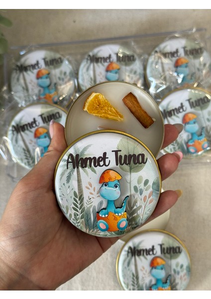 Kabartmalı 3 Boyutlu Isimli Yeni Doğan Bebek Mevlit Hediyelik Mum -Dinazorlu -Toplam 10 Adet