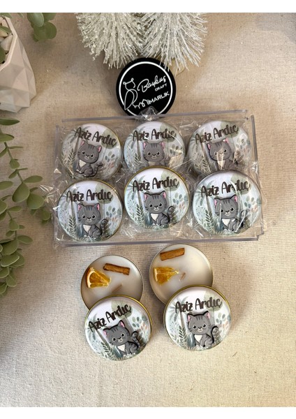 Kabartmalı 3 Boyutlu Isimli Yeni Doğan Bebek Mevlüd Hediyelik Mum-Kedili-Toplam 10 Adet modelleri