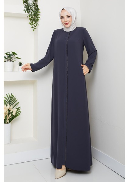 Yazlık Tesettür Ferace Fermuarlı Büyük Beden Gri 2502