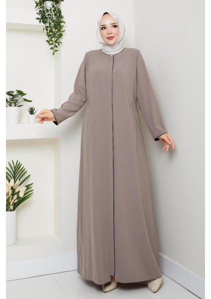 Yazlık Tesettür Ferace Fermuarlı Büyük Beden Bej Taş 2502
