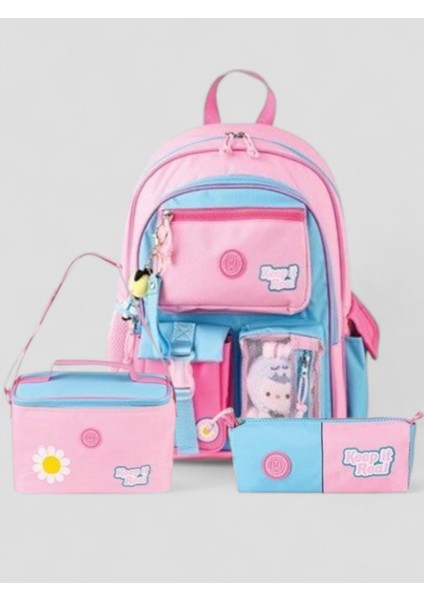 Muggle 2214 Ithal Ürün Üst Kalite Unisex Çocuk Üçlü Set Ilkokul Sırt Çantası - NKT02214-PEMBE-TEKEBAT